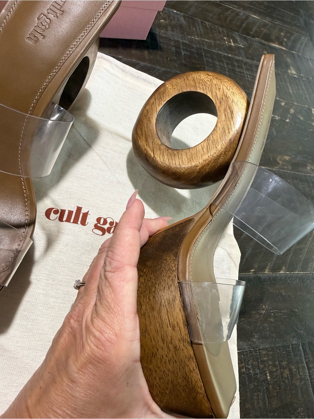 NIB Cult Gaia Remi Clear Wood Circle Platform Sandals Sz 38 EU Summer Resort - Picture 14 of 16